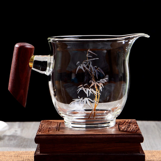 Bamboo Motif Glass Cha Hai with Wooden Handle | Yunnan Sourcing Tea Shop