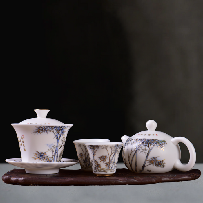 Mutton Fat Jade Porcelain "Blue and Gold Bamboo" Tea Set