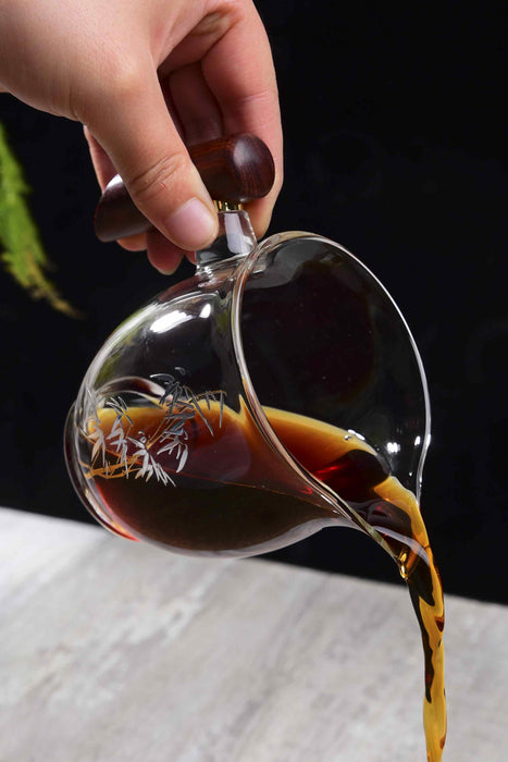 Bamboo Motif Glass Cha Hai with Wooden Handle | Yunnan Sourcing Tea Shop