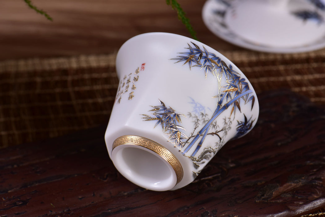 Mutton Fat Jade Porcelain "Blue and Gold Bamboo" Tea Set