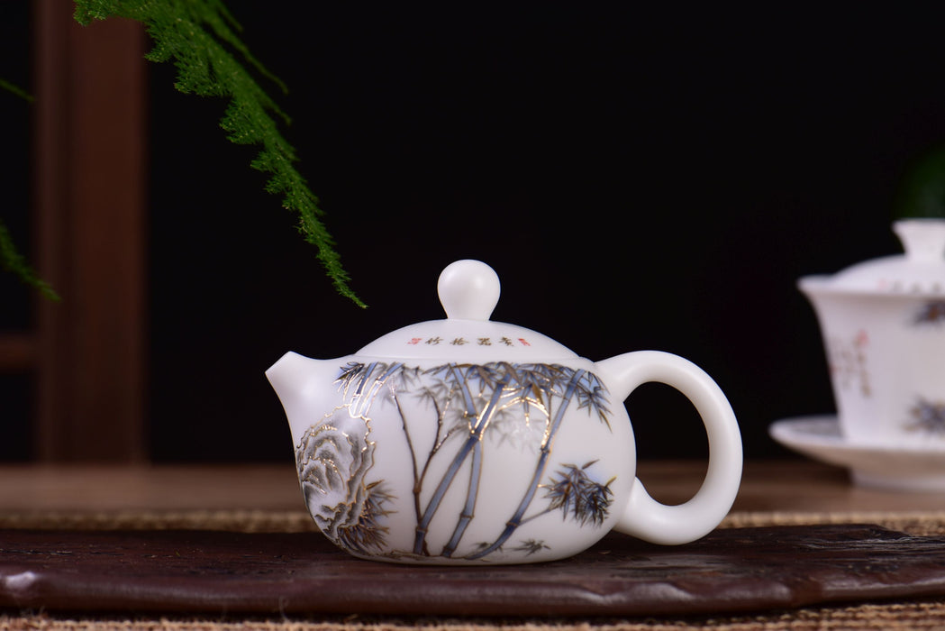 Mutton Fat Jade Porcelain "Blue and Gold Bamboo" Tea Set