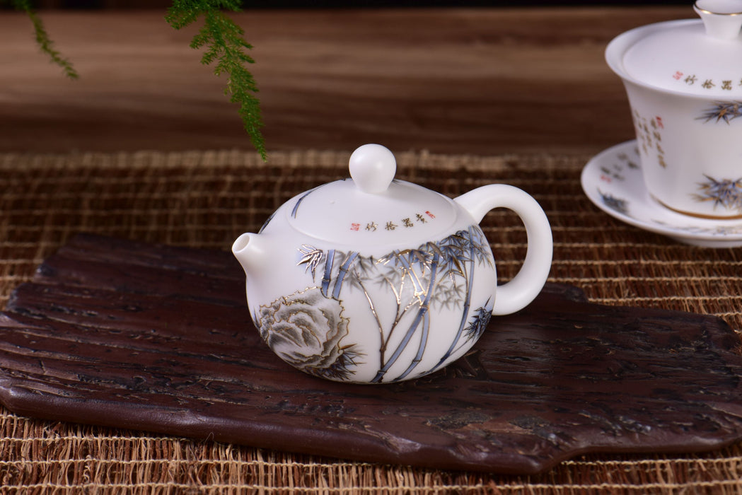 Mutton Fat Jade Porcelain "Blue and Gold Bamboo" Tea Set