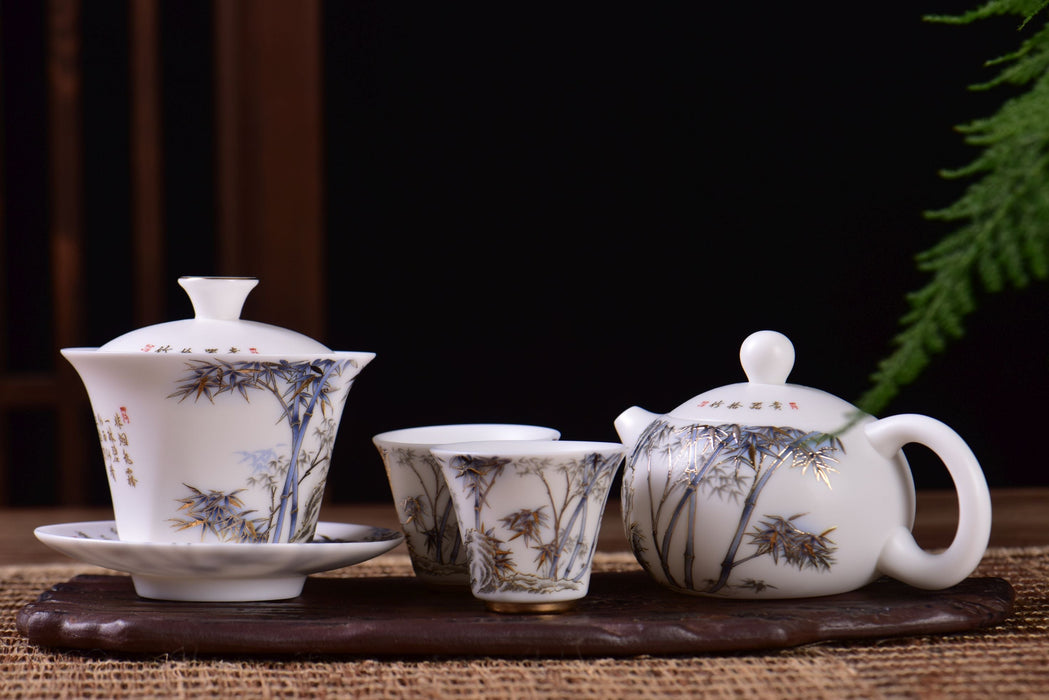 Mutton Fat Jade Porcelain "Blue and Gold Bamboo" Tea Set