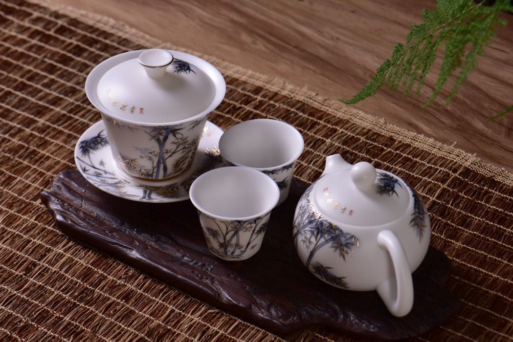 Mutton Fat Jade Porcelain "Blue and Gold Bamboo" Tea Set