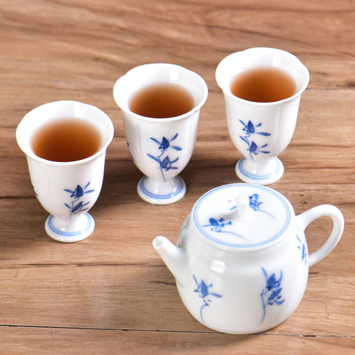 Blue Orchid Pedestal Jingdezhen Porcelain Teapot and Cups Set | Yunnan Sourcing Tea Shop