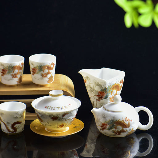 Mutton Fat Jade Porcelain "Soaring Dragon" Tea Set | Yunnan Sourcing Tea Shop