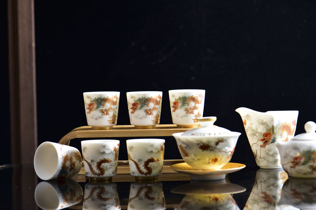 Mutton Fat Jade Porcelain "Soaring Dragon" Tea Set | Yunnan Sourcing Tea Shop