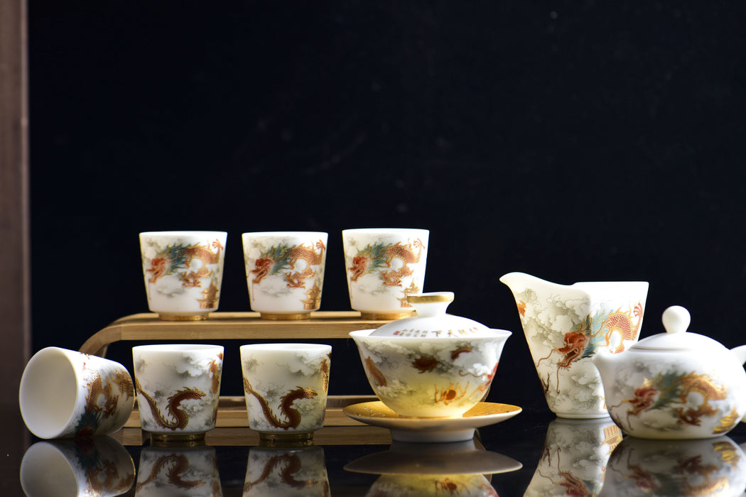 Mutton Fat Jade Porcelain "Soaring Dragon" Tea Set | Yunnan Sourcing Tea Shop