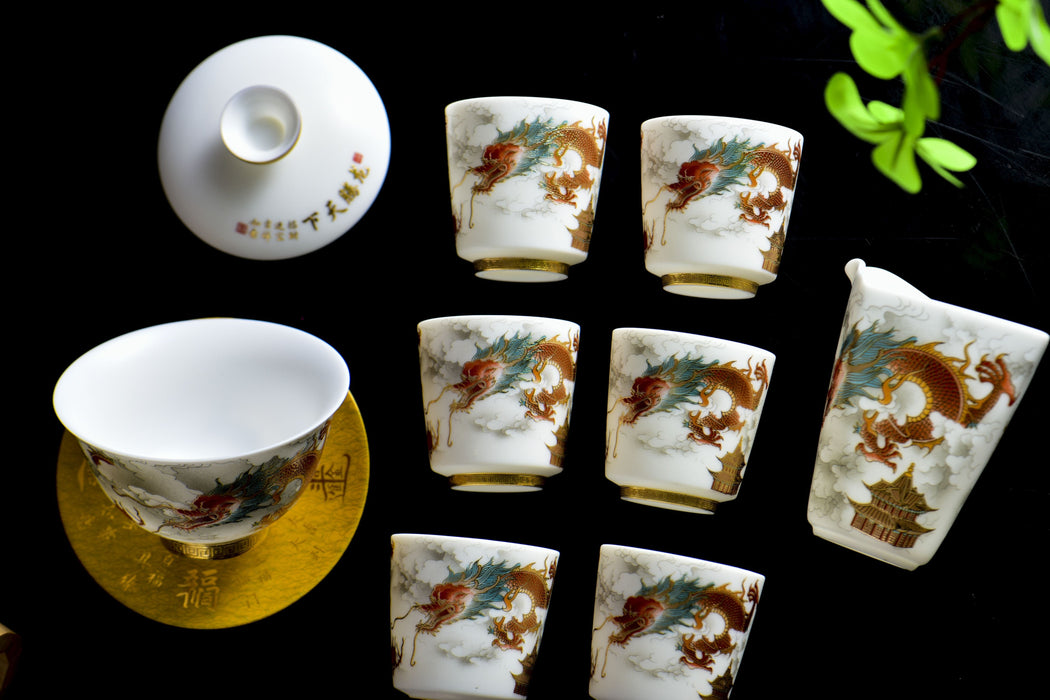 Mutton Fat Jade Porcelain "Soaring Dragon" Tea Set | Yunnan Sourcing Tea Shop