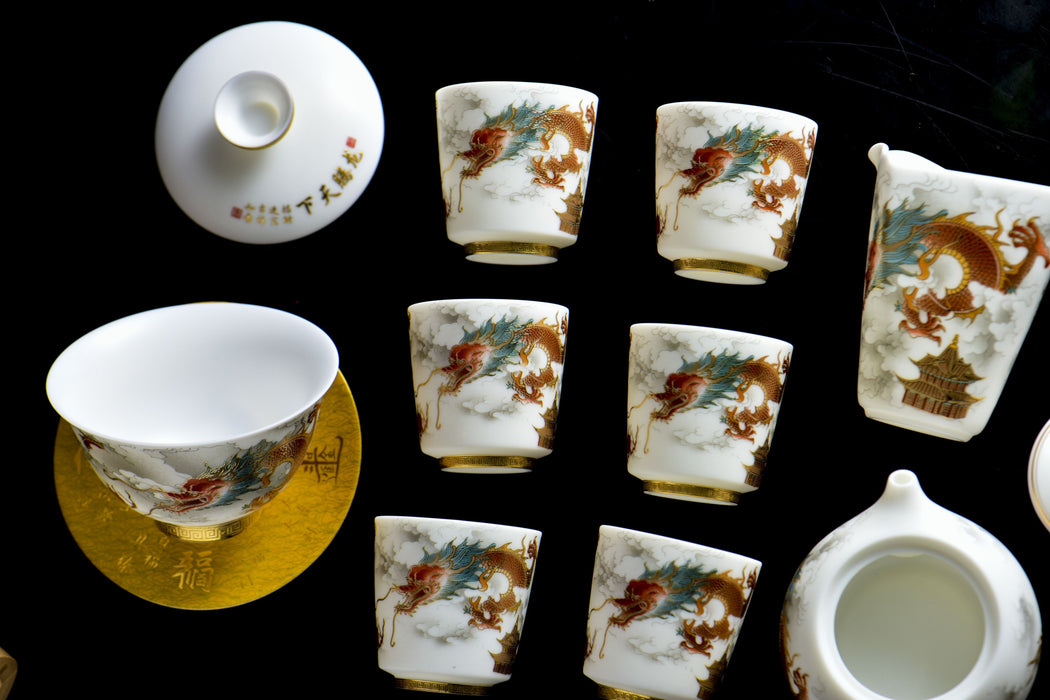 Mutton Fat Jade Porcelain "Soaring Dragon" Tea Set | Yunnan Sourcing Tea Shop