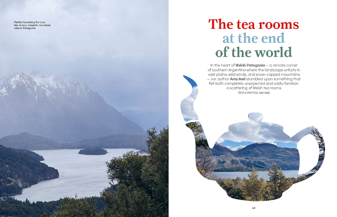 A two-page spread from a travel magazine or book featuring a scenic landscape photograph of a lake and mountains on the left page, and a right page with the headline 'The tea rooms at the end of the world' above a large white teapot graphic filled with the same landscape imagery.