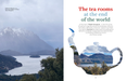 A two-page spread from a travel magazine or book featuring a scenic landscape photograph of a lake and mountains on the left page, and a right page with the headline 'The tea rooms at the end of the world' above a large white teapot graphic filled with the same landscape imagery.