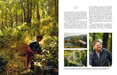 A two-page spread from a printed magazine or book featuring a forest photograph on the left, a large title and columns of text on the right, and two smaller portrait photos at the bottom. The visible text includes the title 'D' and a caption mentioning Ramzan.