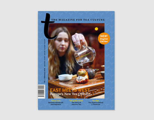 A magazine cover for 'The Magazine for Tea Culture' featuring a woman pouring tea, with a blue border and orange circular badge reading 'New English Edition'.
