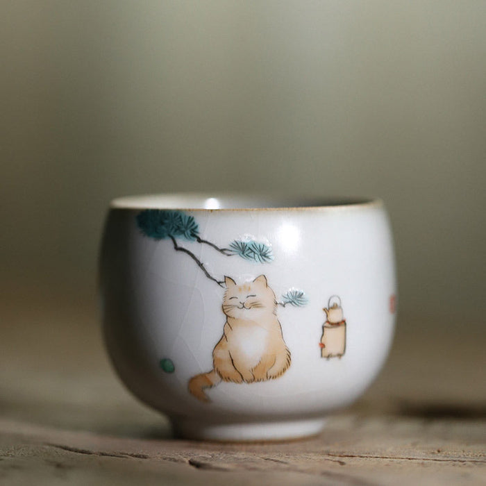 Ru Yao Celadon "Contented Kitty Cat" Hand-Painted Cup