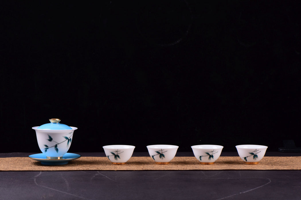 White Porcelain "Blue Bamboo" Hand-Painted Gaiwan and Tea Cups