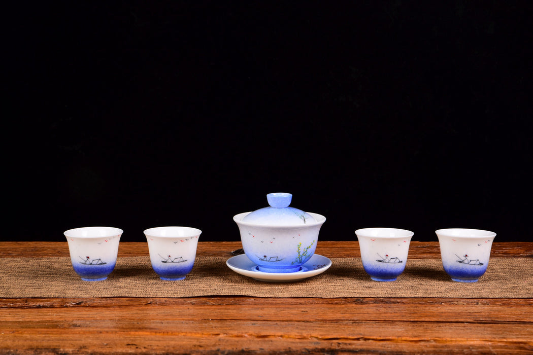 Life on the River Jingdezhen Porcelain Gaiwan and Cups